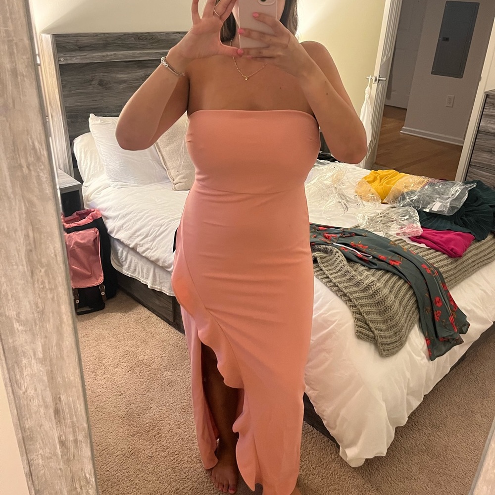 Strapless Pink Ruffle-Hem Midi Dress